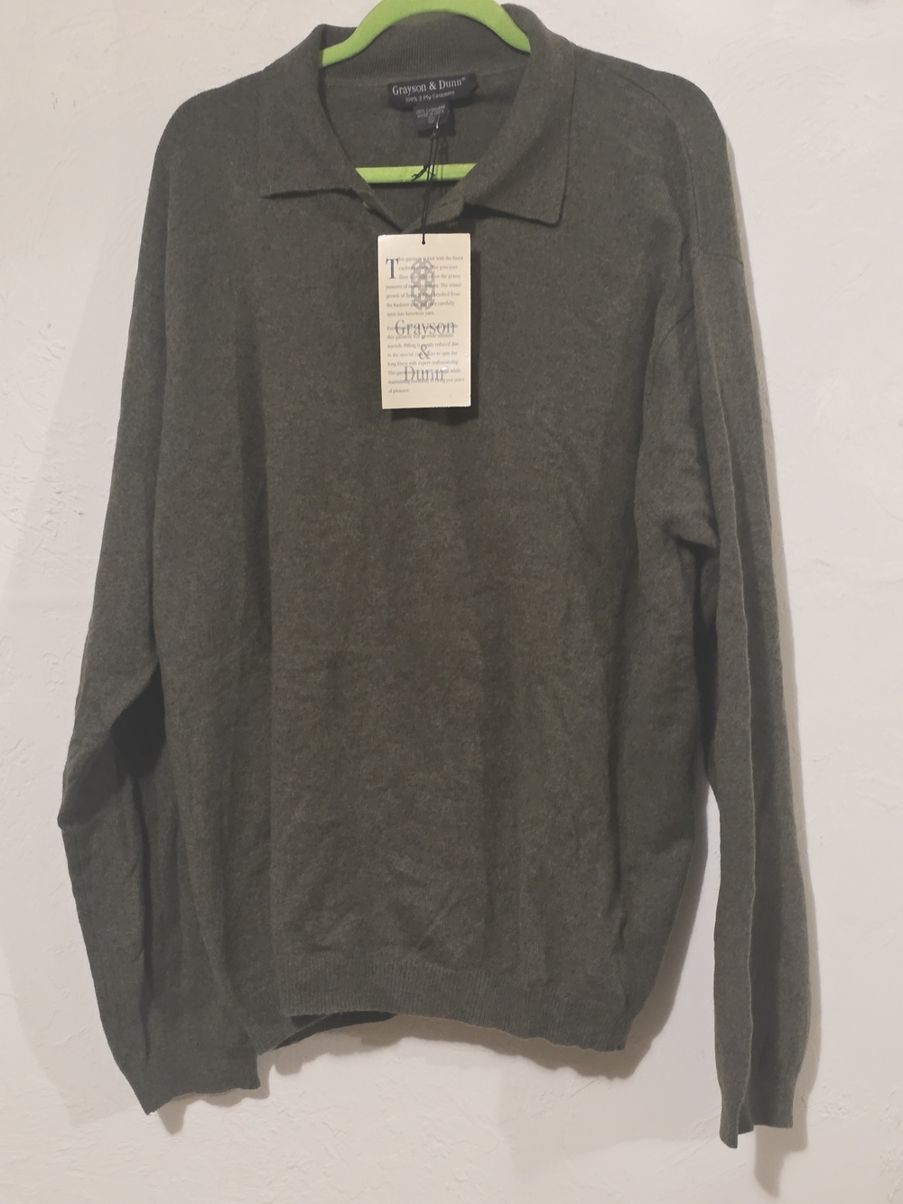 Men's Olive Green Collared Sweater 100% 2 Ply Cashmere - Picture 2 of 4